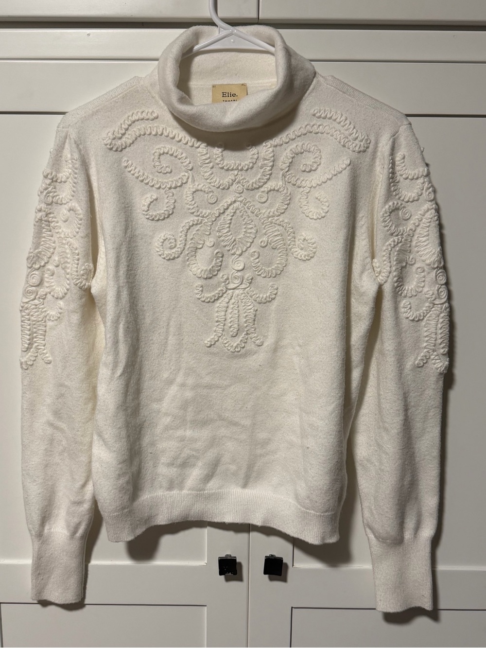 Elie Tahari Cream Embroidered Turtleneck Sweater